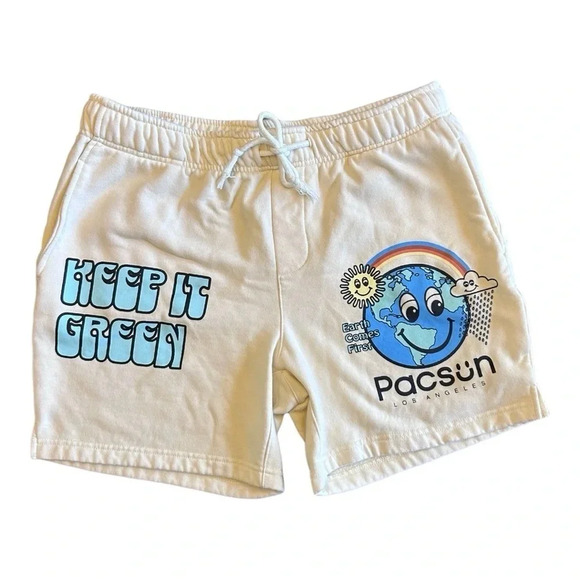 Pacsun Cream Keep it Green Graphic-Print Recycled-Cotton Blend Shorts Size L - Picture 5 of 8